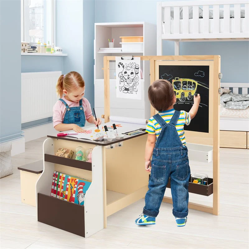 Kids Wooden Art Center Easel with Adjustable Double-Sided Blackboard & Whiteboard, Paper Roll, Toddler Art Table & Chair Set with Storage