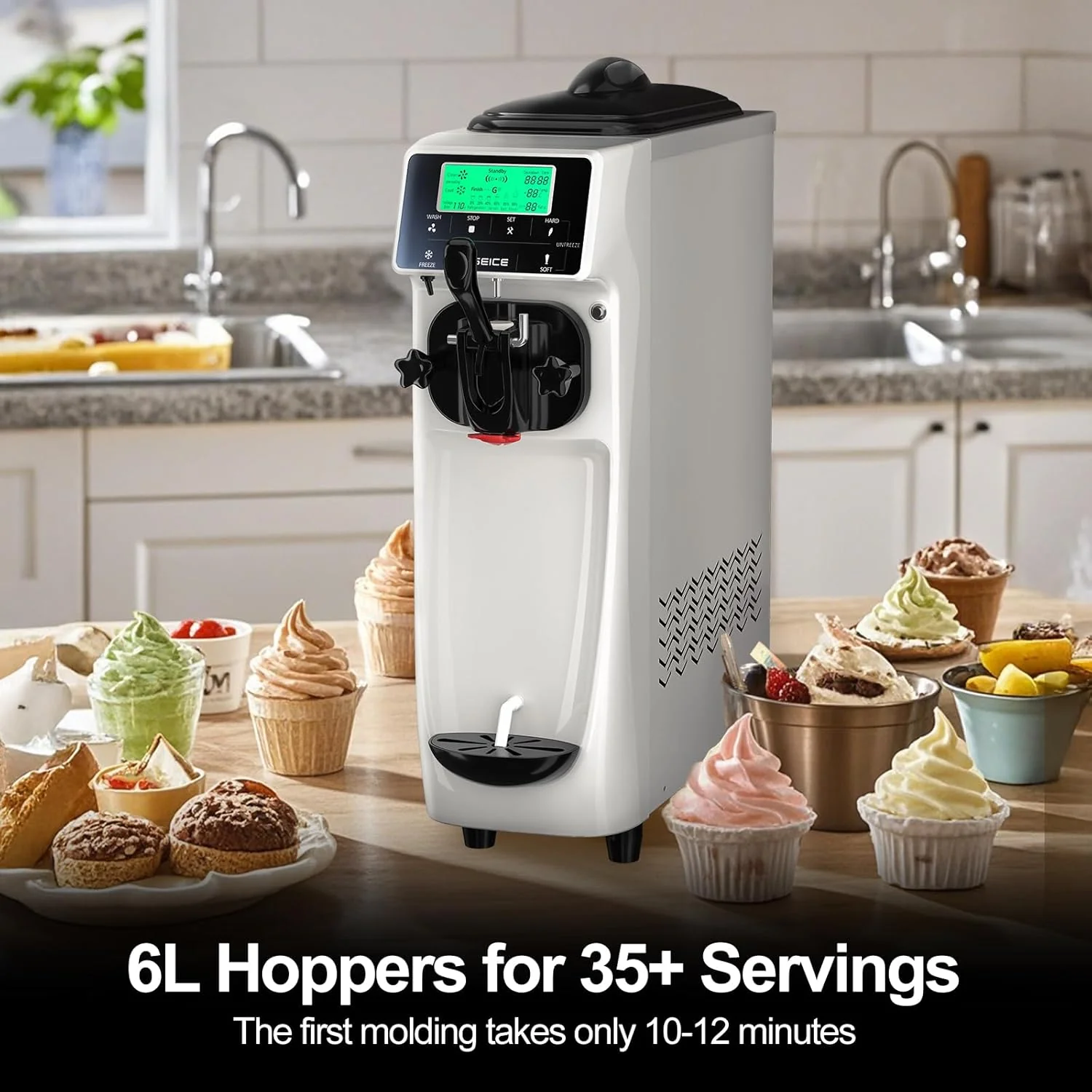 Soft Serve Ice Cream Machine 3.2 Gals Ice Cream Maker Machine Single Flavor Commercial Ice Cream Machine Countertop Soft Serve Ice Cream Maker with Pre-Cooling for Home Store School