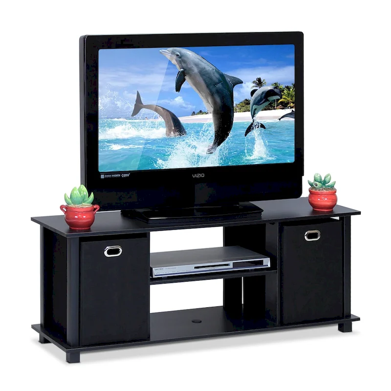 Porch & Den Tompkins Black MDF Entertainment Center Featuring Storage Bins