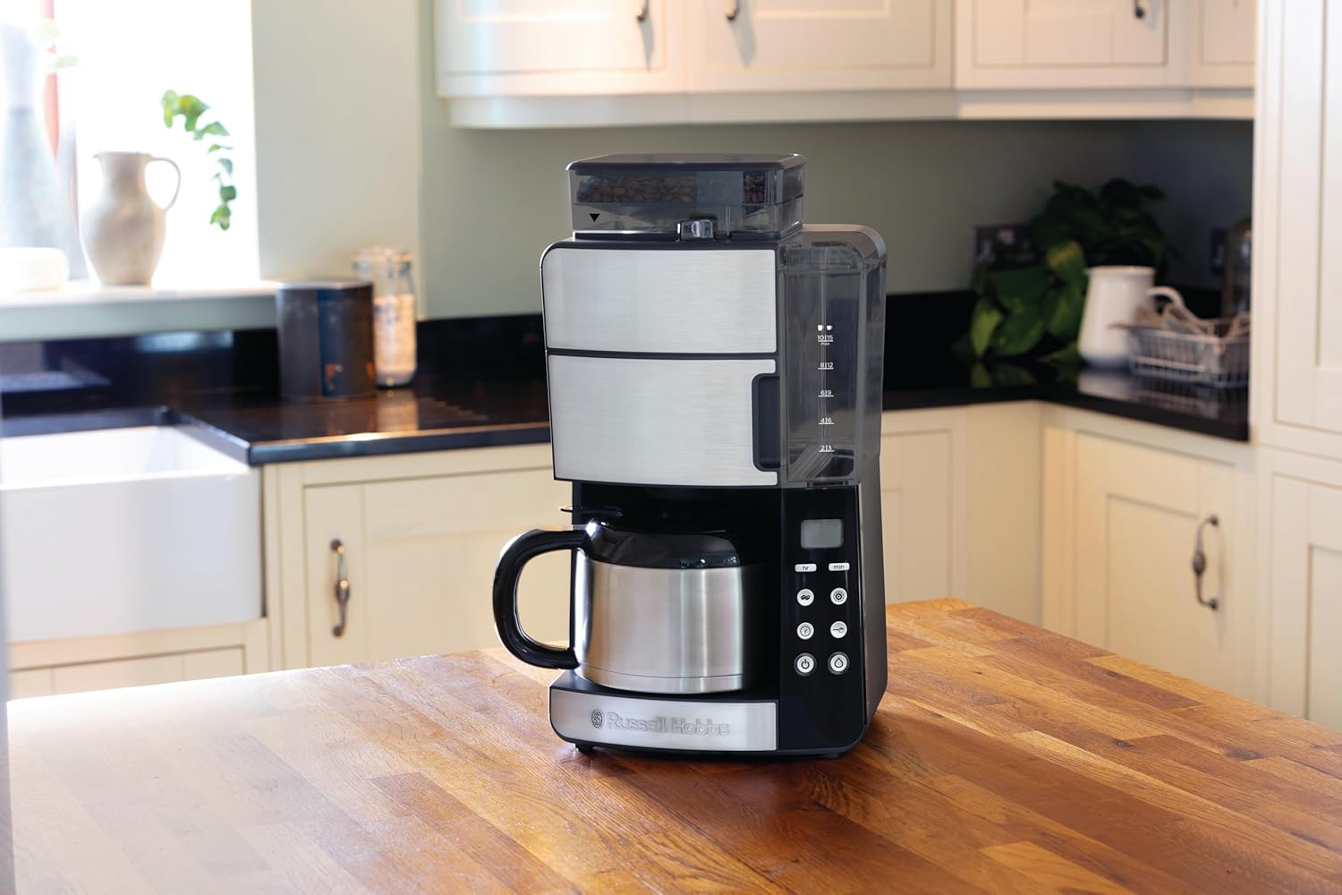 Russell Hobbs Kaffeemaschine mit Mahlwerk Thermokanne [Digitaler Timer, Brausekopf für opt. Extraktion & Aroma] Grind&Brew (max 10 Tassen, 3-stufige Mahlgradeinstellung) Filterkaffeemaschine 25620-56
