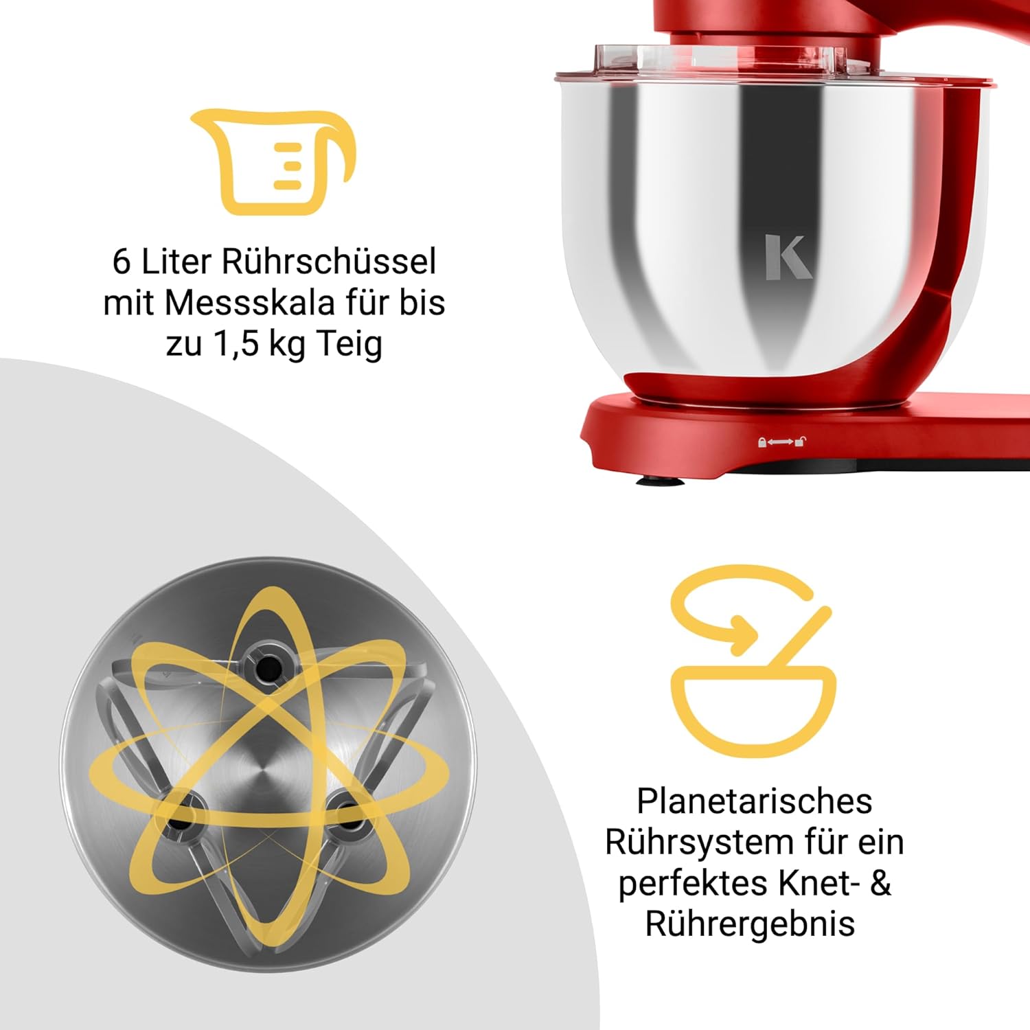 KLAMER Küchenmaschine 1800W, Knetmaschine mit 6 Liter Edelstahl Schüssel, 10 Geschwindigkeitsstufen mit Timer, Rührbesen, Knethaken, Schneebesen und Spritzschutz