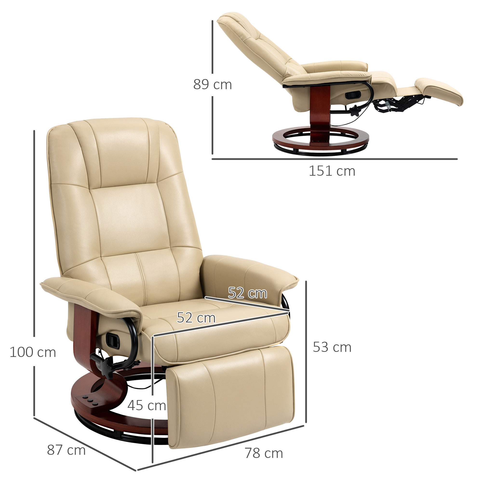Relaxstoel, Verstelbaar, Ligfunctie, tot 120 kg, Kunstleer, 78 x 87 x 100 cm, Beige