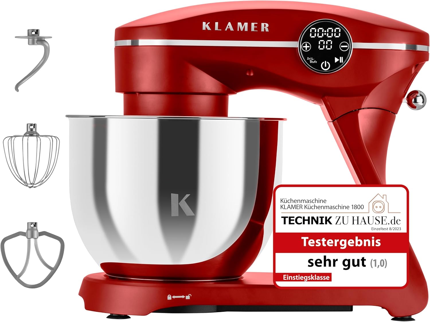 KLAMER Küchenmaschine 1800W, Knetmaschine Brotteig mit Edelstahl-Rührschüssel 6 L, 10 Stufen mit Timer, Planetenrührwerk, Rührbesen, Knethaken, Schneebesen & Sichtdeckel (schwarz)