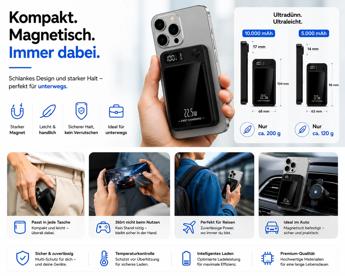 Magnetische Powerbank 10000mAh Mini  PD 22.5W Schnellladen mit LED Display Wireless Power Bank