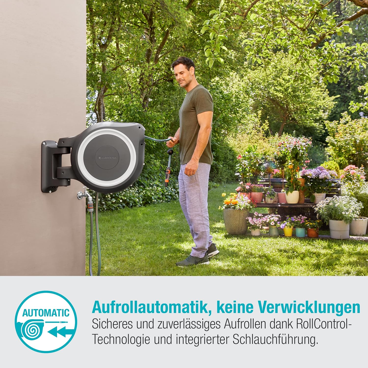 Gardena Wand-Schlauchbox RollUp L (weiß) 30 m exklusiv für Amazon: Schwenkbare Schlauchbox, integrierte Schlauchführung, inkl. 30 m Gardena Qualitätsschlauch, Reinigungsspritze und Brause (18627-38)