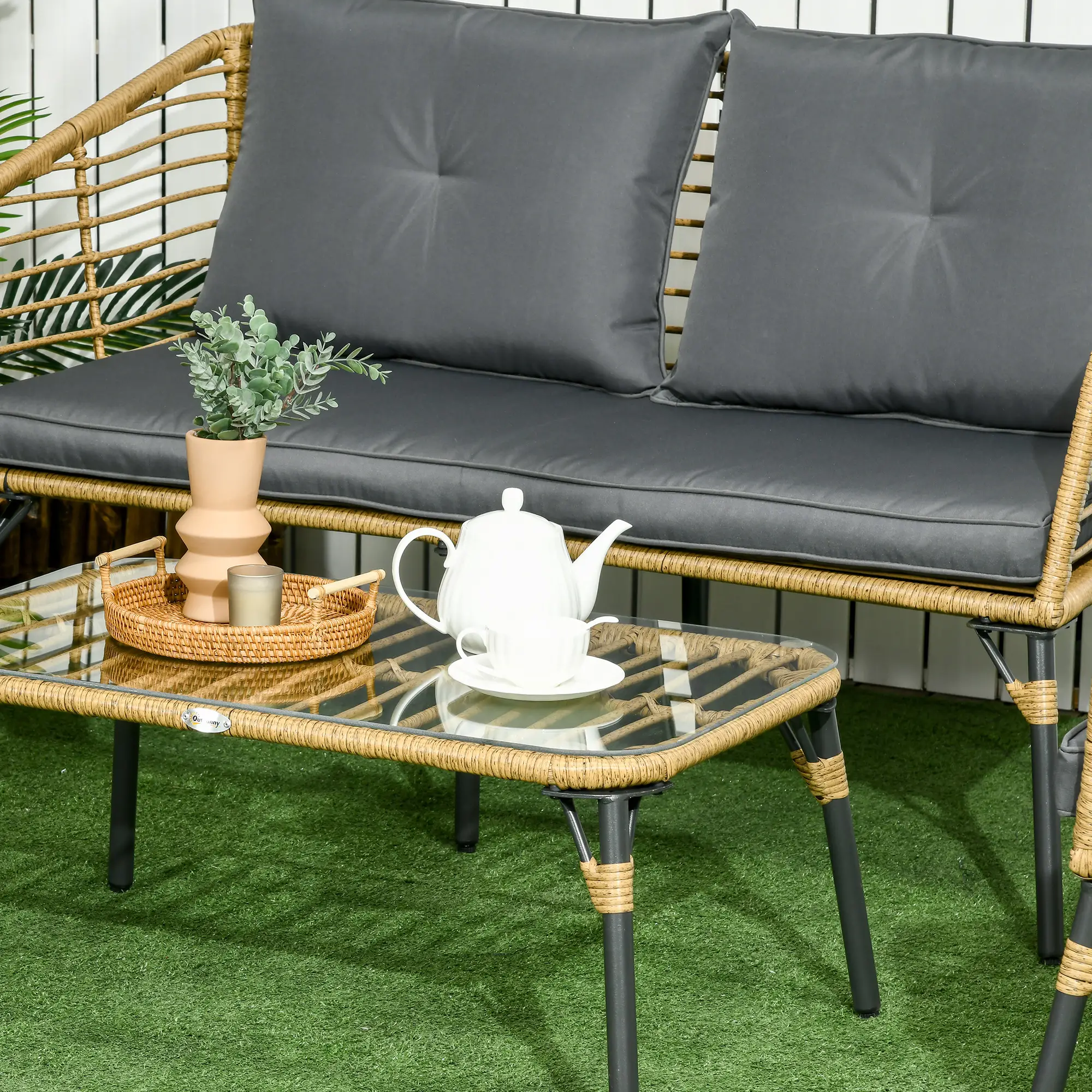 Outsunny Polyrattan Gartensofa-Set 4-tlg. Boho-Stil Glas-Couchtisch