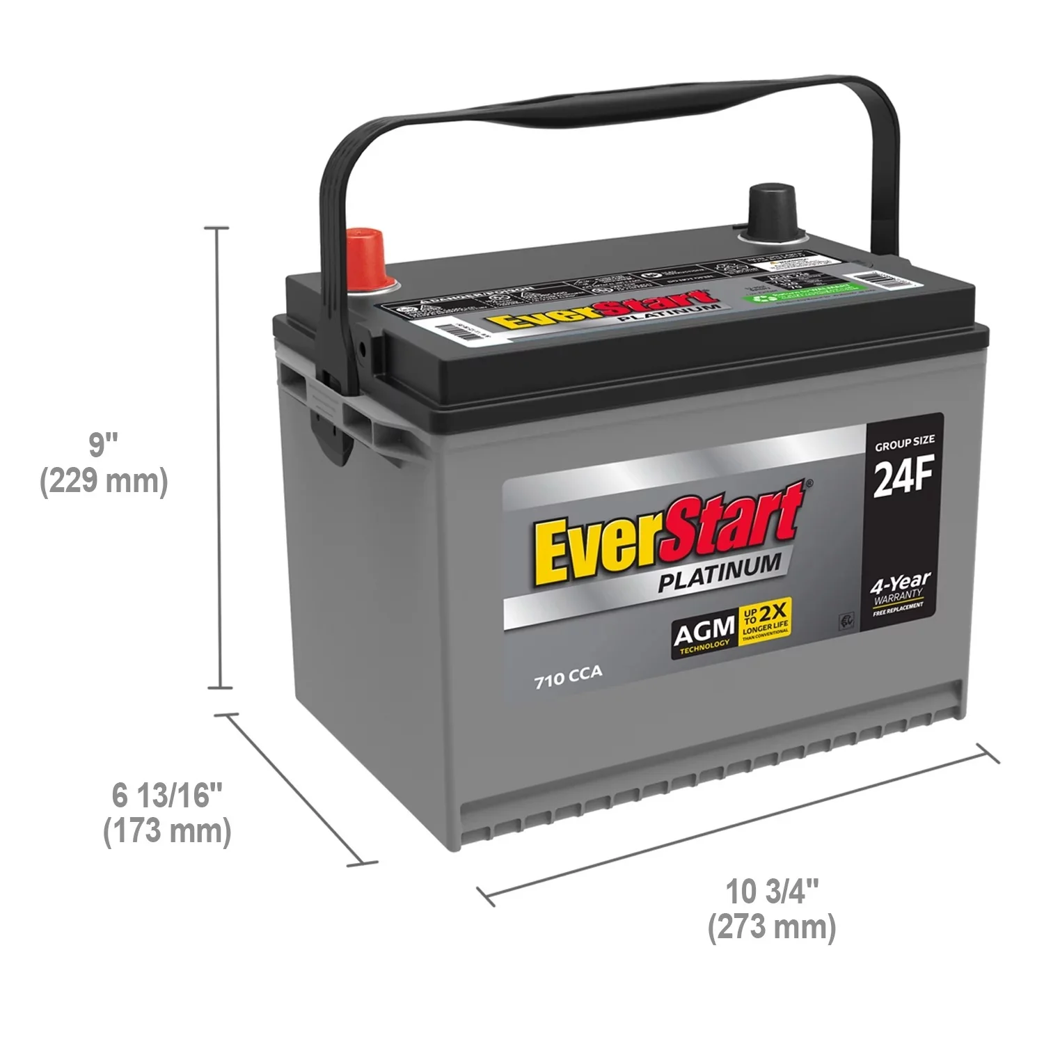 EverStart Platinum AGM car battery, Group 24F, 12 Volt, 750 CCA – Made in the USA
