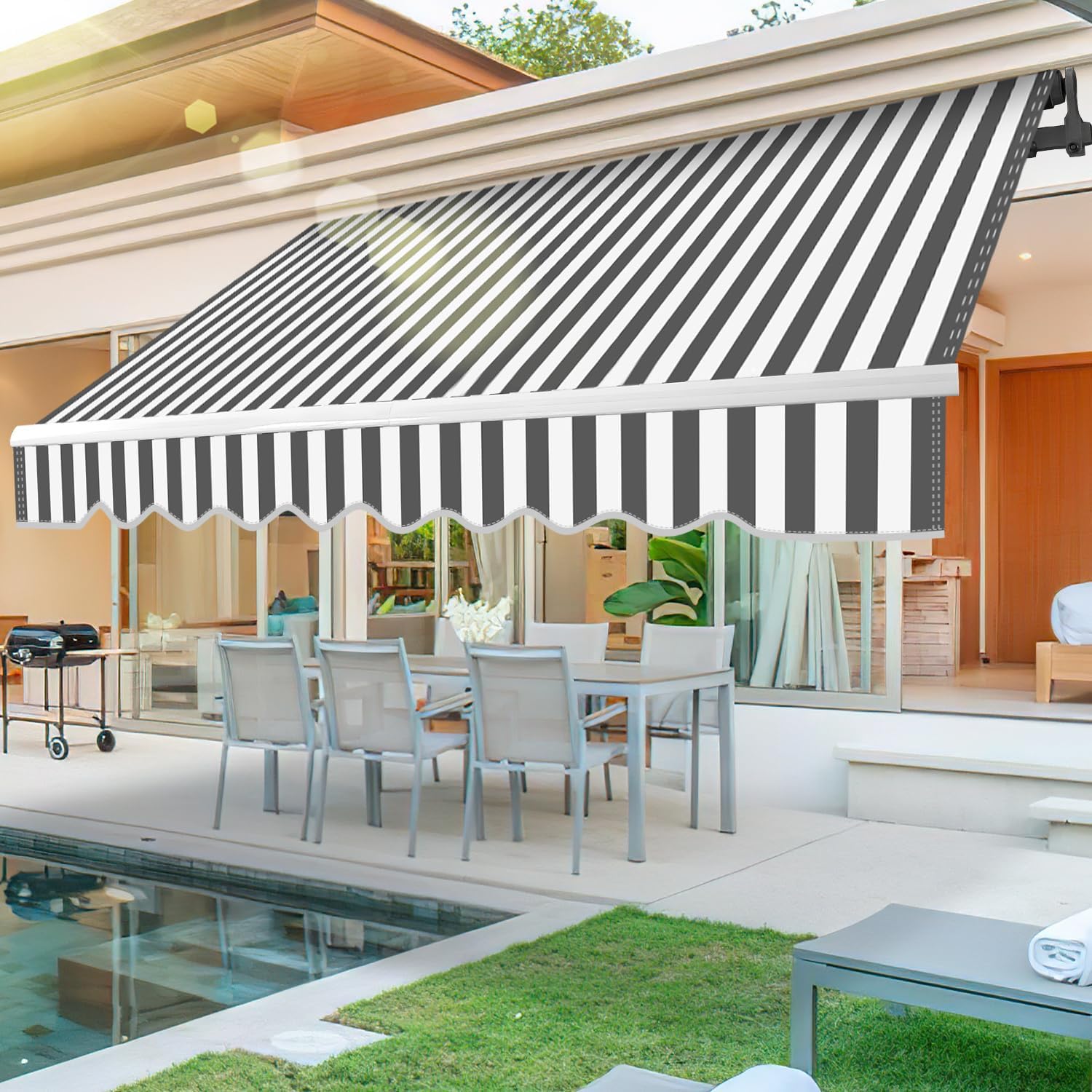 Toldo con brazo articulado, 250 x 200 cm, toldo manual con manivela, ajuste de ángulo de hasta 30 grados, protección solar, protección contra el agua, incluye soporte de pared, color blanco y