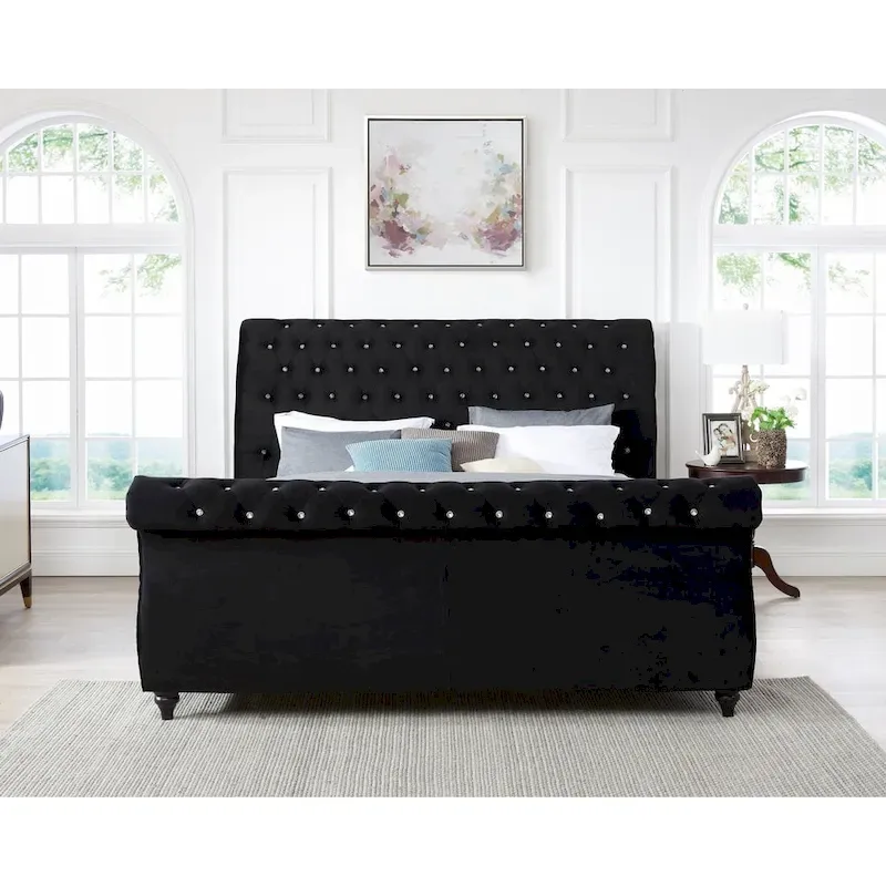 Gracewood Hollow Trivedi Black Velvet Sleigh Bed with Crystal Button Tufting