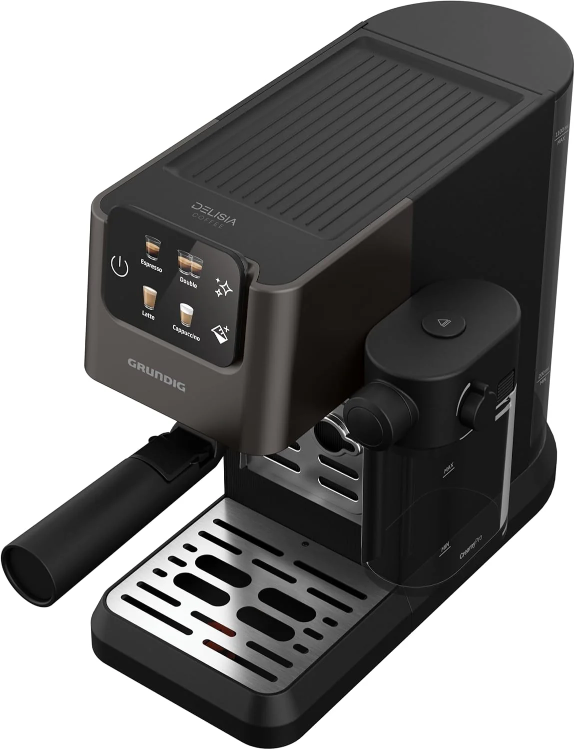 GRUNDIG KSM 5330 Espressomachine met ge?ntegreerd melkreservoir, 1628 W vermogen, 15 bar pompdruk, dubbele tuit, kleuren-touchscreen, BrewSense, CreamyPro, donker inox/zwart
