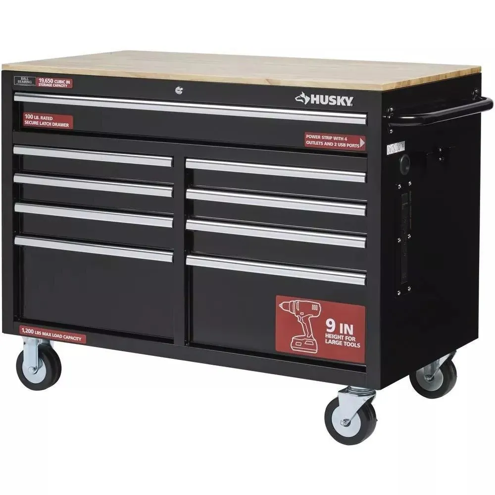 Gloss Black 46��� 9-Drawer Mobile Tool Chest Workbench with Wood Top & Power Strip