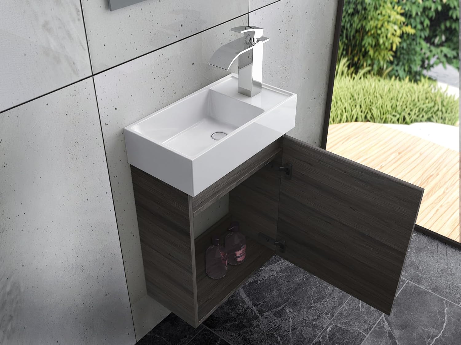 Faizee Home Badmöbel Set Grau – Waschbeckenunterschrank mit Keramik Waschbecken & Armatur – Kompakter Badezimmerschrank Badschrank ohne Spiegel für Gäste WC & kleine Bäder