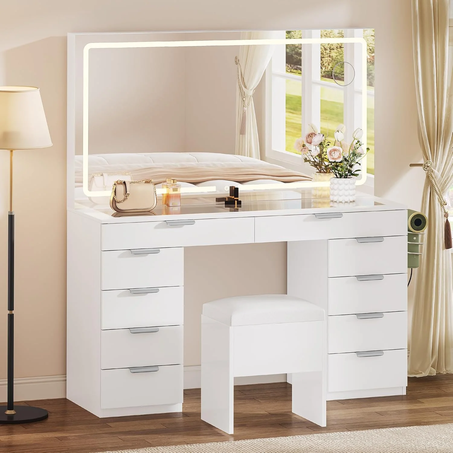 Vanity Set with LED Mirror, 10 Drawers, Stool Included