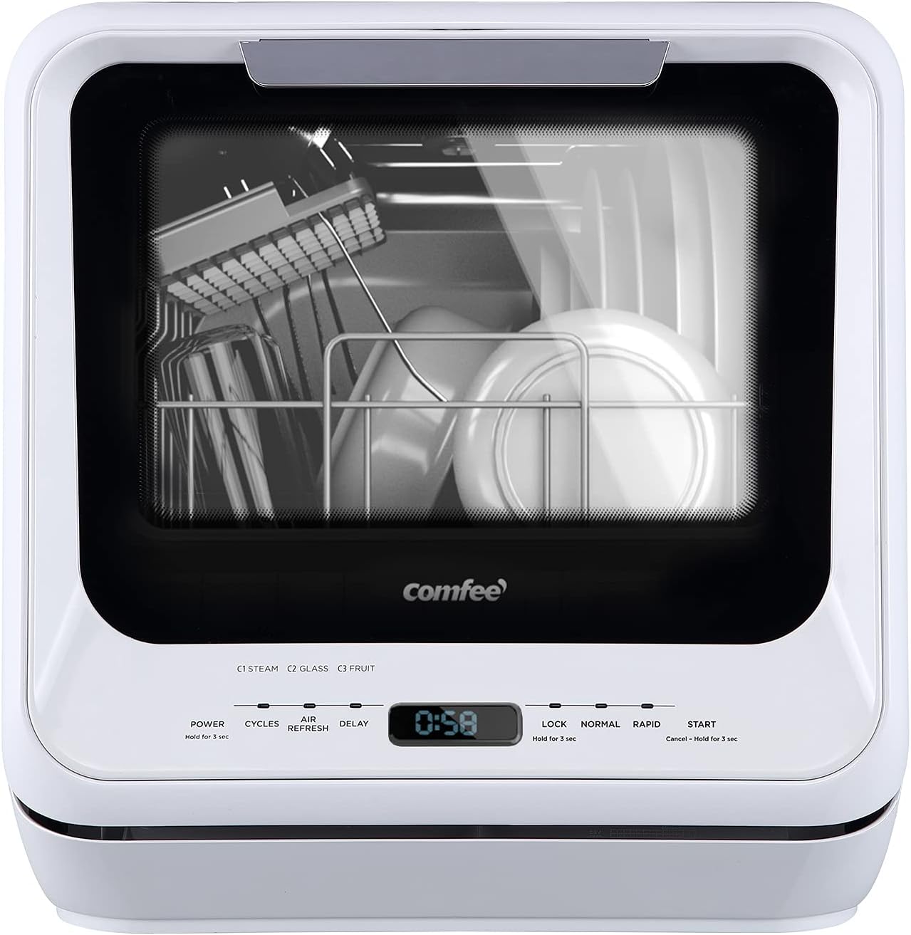 COMFEE' Portable Dishwasher Countertop with 5L Built-in Water Tank, No Hookup Needed, 6 Programs, 360�� Dual Spray, 192�H High-Temp& Air-Dry Function, Mini Dishwasher for RVs, White