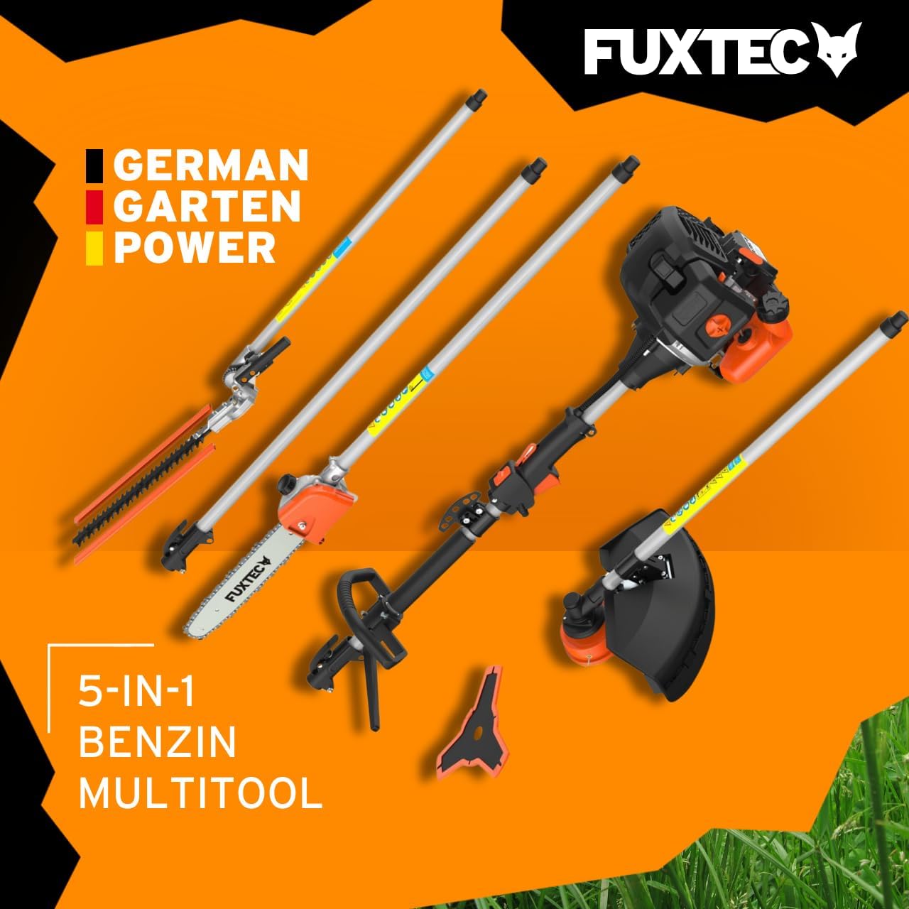 FUXTEC Benzin Motorsense FX-MT152E 5in1 Multitool, 52 cc, Profi-Tragegurt und inkl. 1m Verlängerung 3 PS Kombigerät Heckenschere Hochentaster Kombisystem Freischneider fs 2-Takt Test Oberklasse 1,4