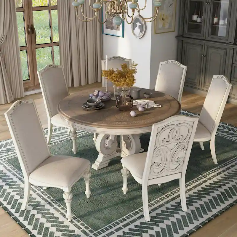 Round Dining Table Set with 6 Upholstered Chairs and Pedestal Base