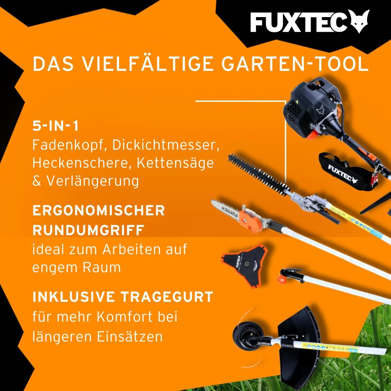FUXTEC Benzine Bosmaaier FX-MT252ER 5in1 Multitool, 52 cc, draagriem incl. 1m verlenging 3 pk combiapparaat heggenschaar met verstelbare hoge takkenzaag combisysteem bosmaaier 2-takt