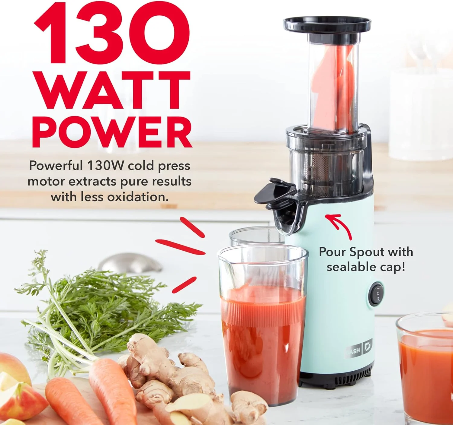 DASH Deluxe Compact Masticating Slow Juicer, Easy to Clean Cold Press Juicer with Brush, Pulp Measuring Cup, Frozen Attachment and Juice Recipe Guide - Aqua