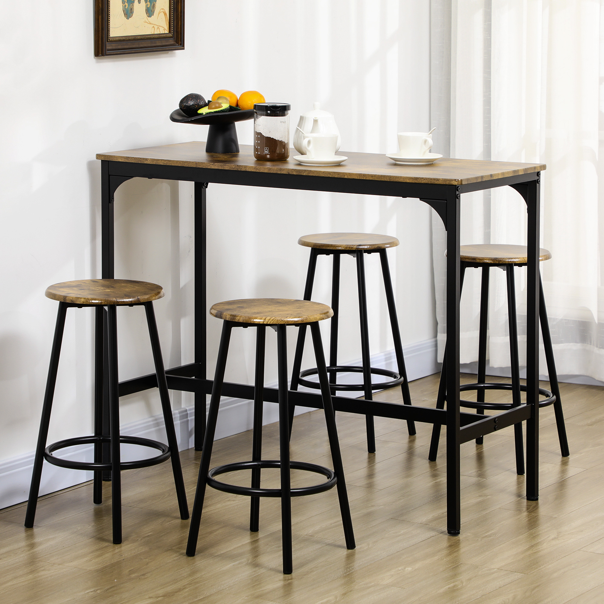 5-delig. Bartafelset met industrieel design, 1 bartafel, 4 barkrukken, bankstel, aanrecht, zwart+bruin