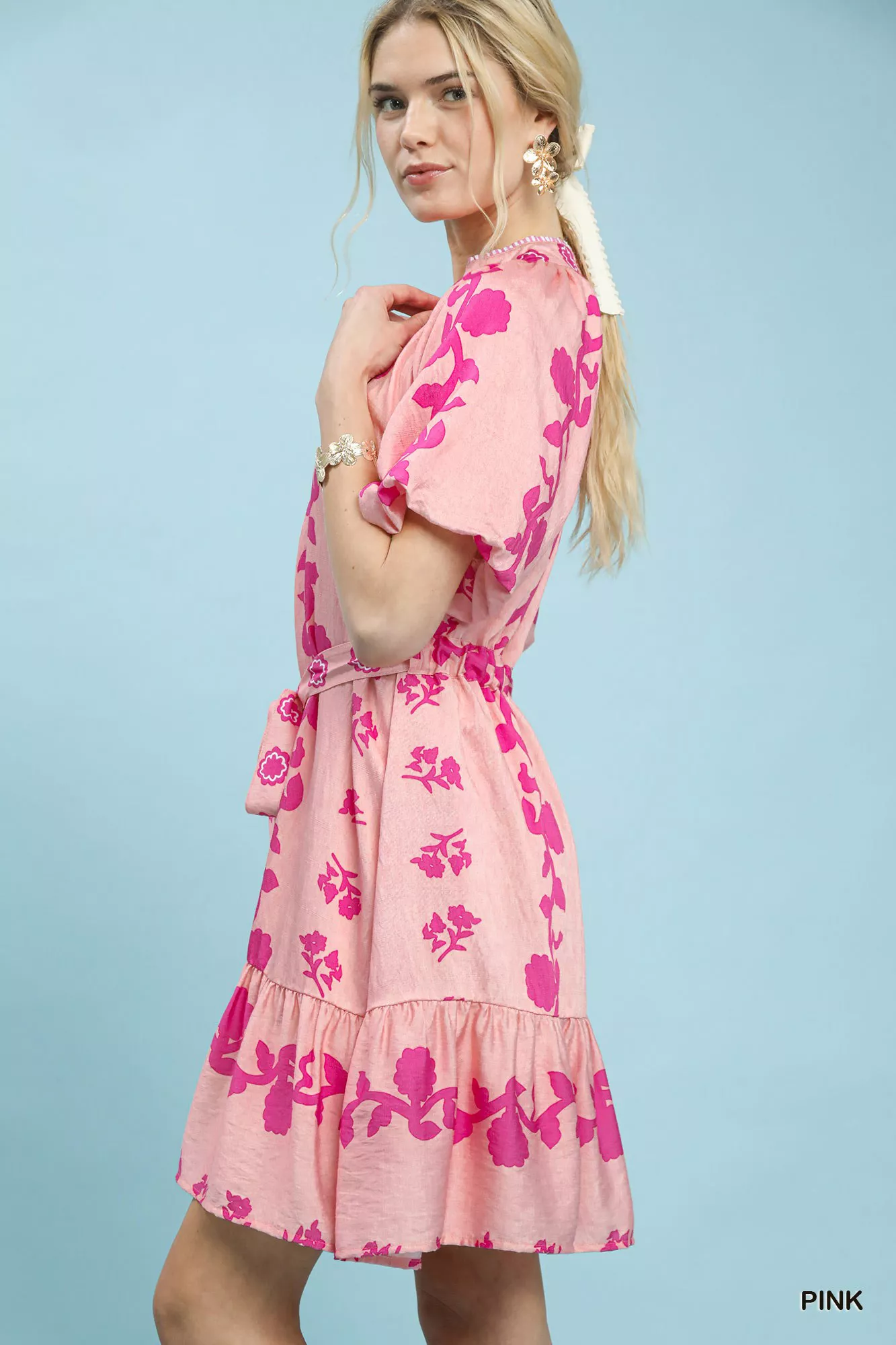 Umgee Floral Tie-Waist Boho Mini Dress