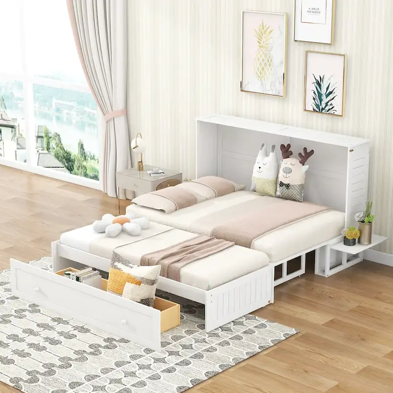 Nestfair White Queen-Sized Murphy Bed with Drawer and Shelves - Mobile Design