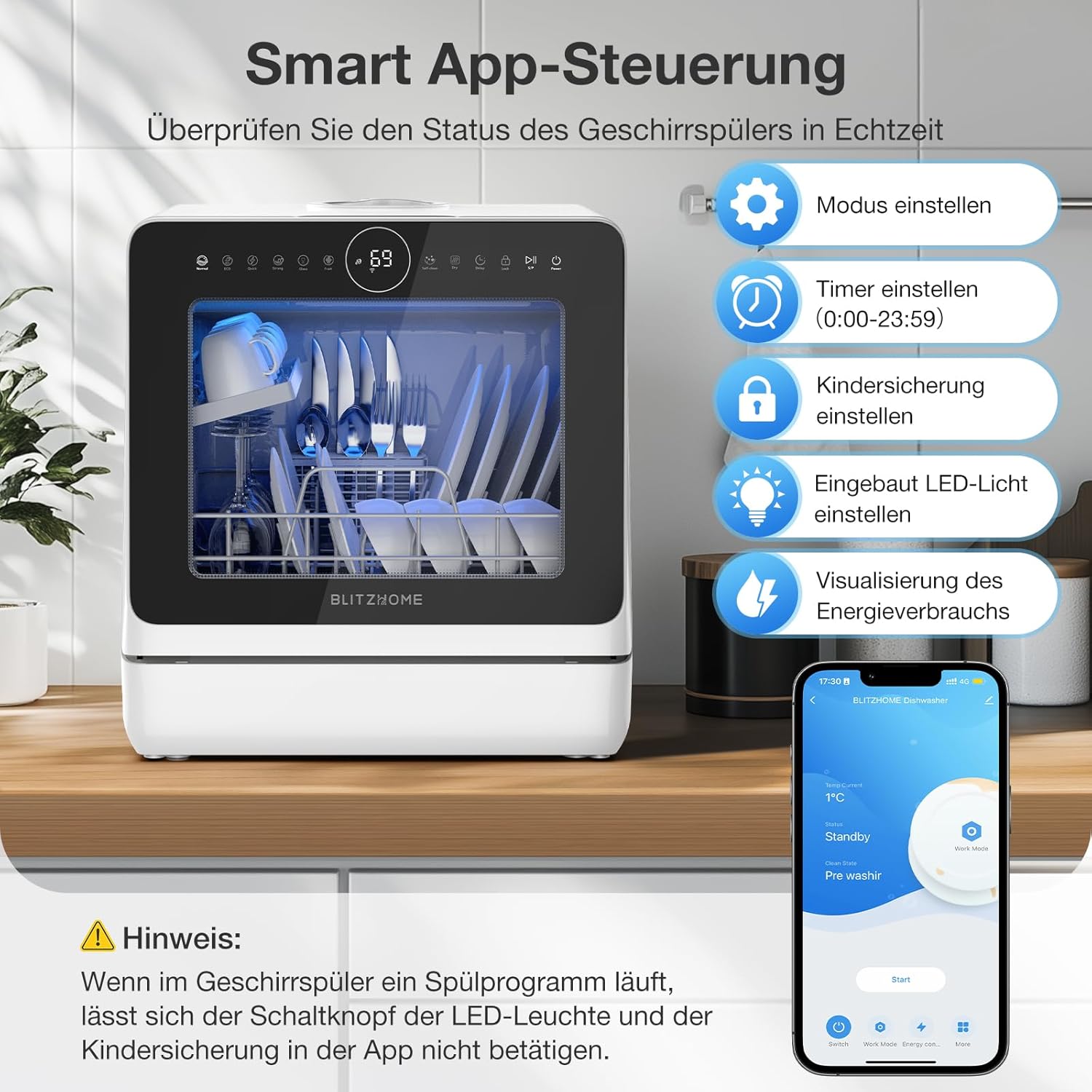 Mini Spülmaschine, BLITZHOME Geschirrspüler 8+2 Programme Smart App Steuerung Tragbarer Tischgeschirrspüler 5L Wassertank,mit/ohne Wasseranschluss Benutzbar, Trocken, Startverzögerung, Kindersicherung