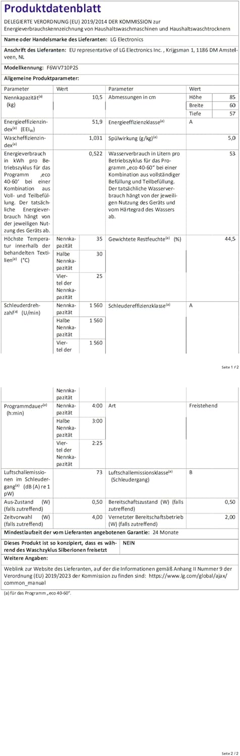 LG F4WV7080, Klasse A, Frontlader-Waschmaschine 8 kg, 1400 U/Min, AI Direct Drive, Wi-Fi, Tiefenreinigung mit Dampf, Große Kapazität, TRIPLE A, Außentür aus Sicherheitsglas, 62 x 60 x 85 cm ꟷ Weiß
