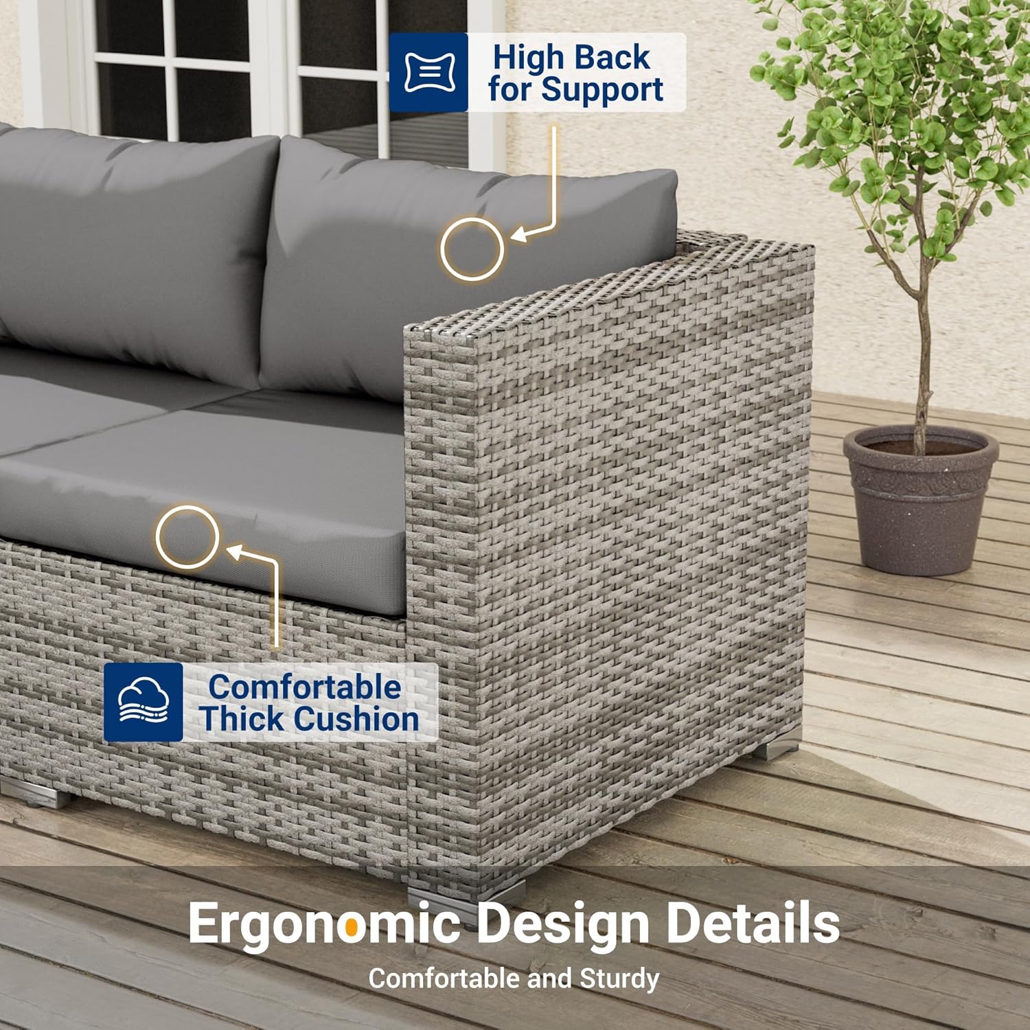 UDPATIO Lounge Gartenmöbel Set mit 3er Gartensofa, Hocker & Beistelltisch, Poly Rattan Balkonmöbel 4 Personen mit Kissen, Balkon Möbel Wetterfest, Gartenlounge für Garten, Terrasse, Outdoor, Grau