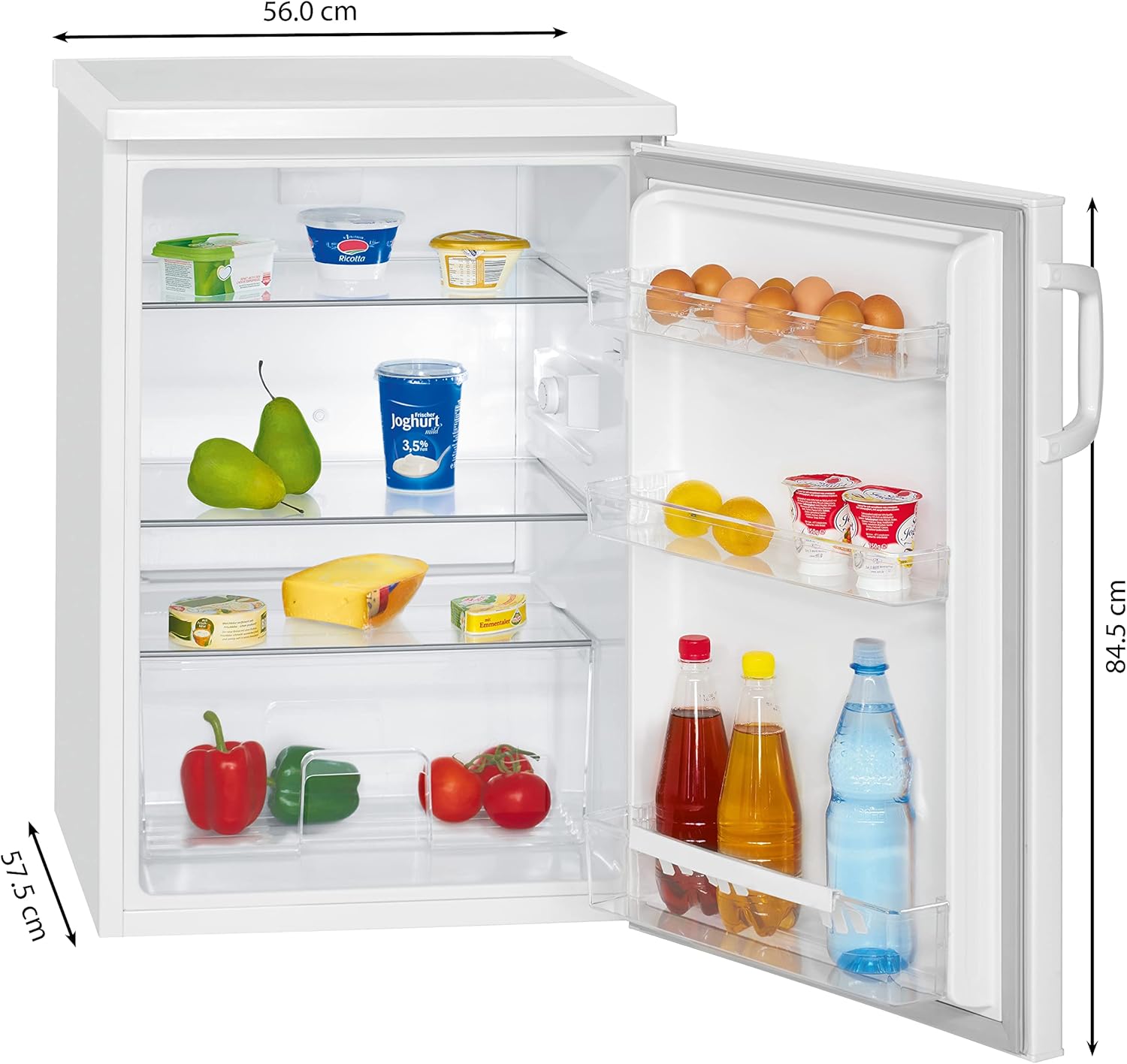 Bomann VS 2195.1 Fridge without Freezer Compartment with 133 L Capacity and 3 Shelves Small with Vegetable Compartment and Interchangeable Door Hinge Quiet Table Fridge with LED Interior Lighting
