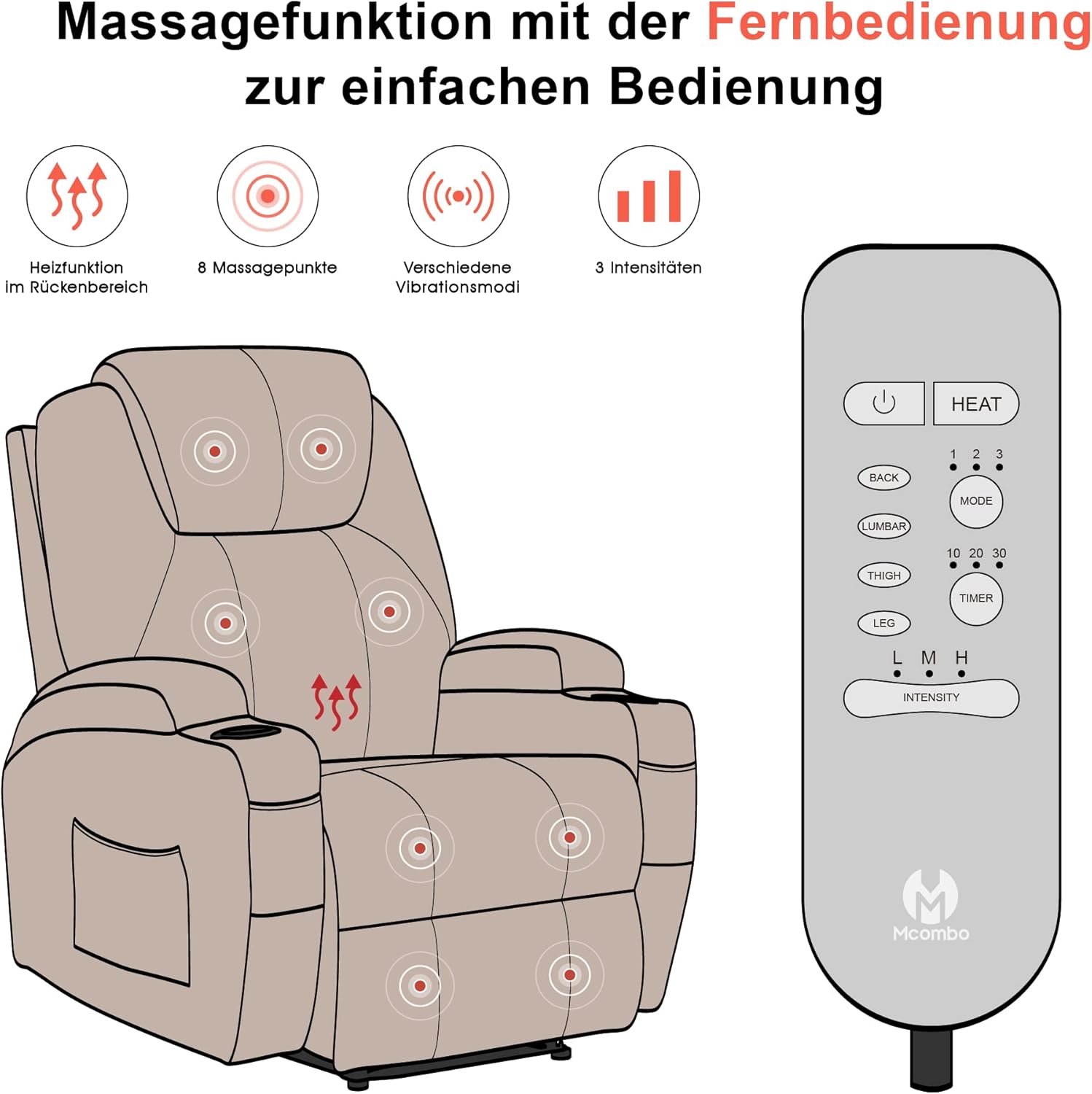 M MCombo Elektrisch Relaxsessel Massagesessel Fernsehsessel Liegefunktion Vibration Heizung 7061 neues Modell (Cremeweiß-Kunstleder)