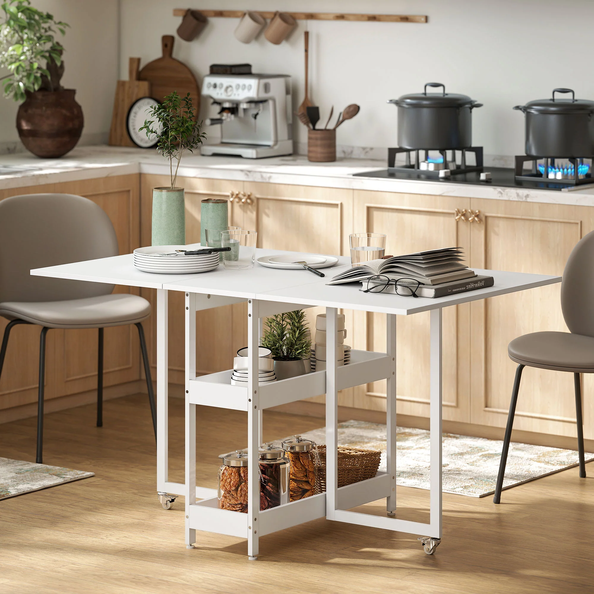 HOMCOM Uitschuifbare Eettafel in Industrieel Ontwerp voor tot 4 Personen, Open Schappen, Flexibel, Metaal, Spaanplaat, Wit