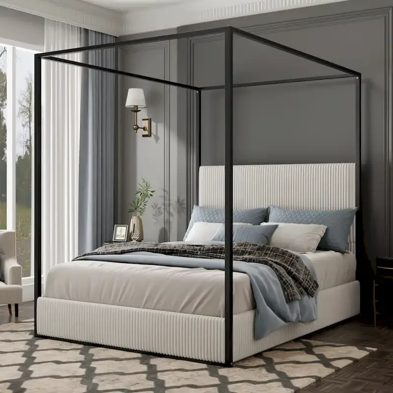 Metal Canopy Platform Bed with Vertical Stripe Upholstered Wingback Headboard - Four Poster, Low Profile Design