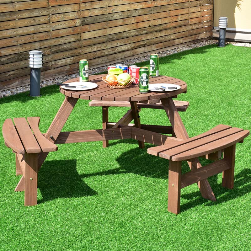 6-Person Outdoor Patio Wooden Round Picnic Dining Table Bench Set with Umbrella Hole & 3 Benches