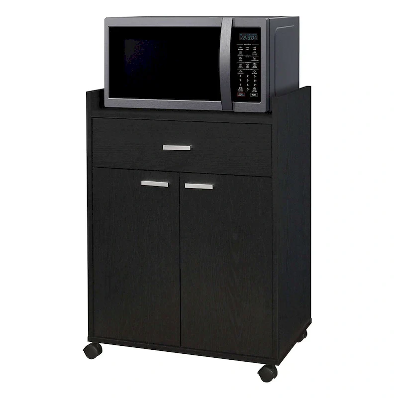 Black Kitchen Microwave Cart with Accent Storage Cabinet, Featuring 1 Drawer and 2 Doors