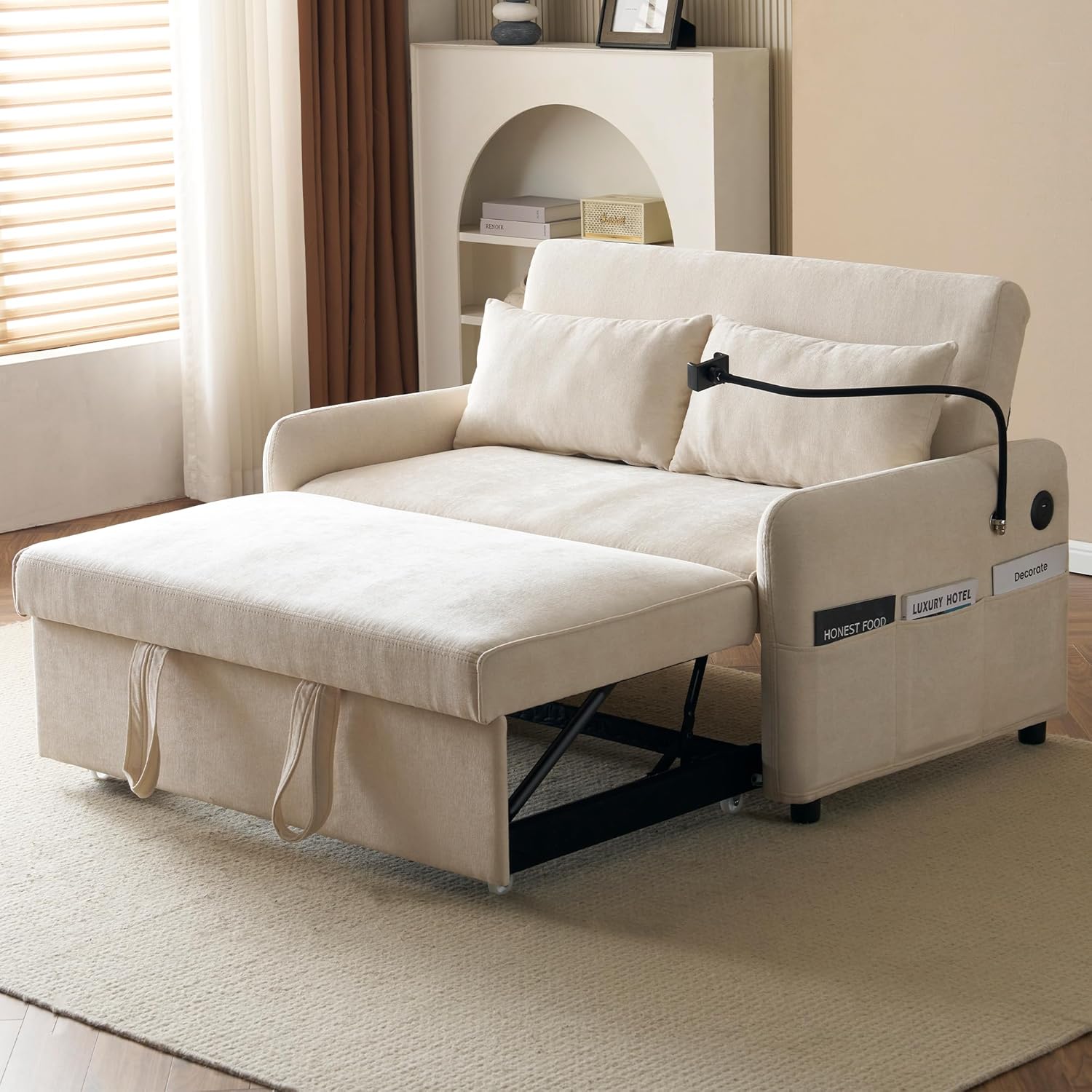 Azkoeesy Sofá cama plegable con función de sueño, sofá de 2 plazas con respaldo ajustable, soporte para teléfono móvil, USB, 2 almohadas, tela de chenilla, para salón, dormitorio, cine en casa (beige)