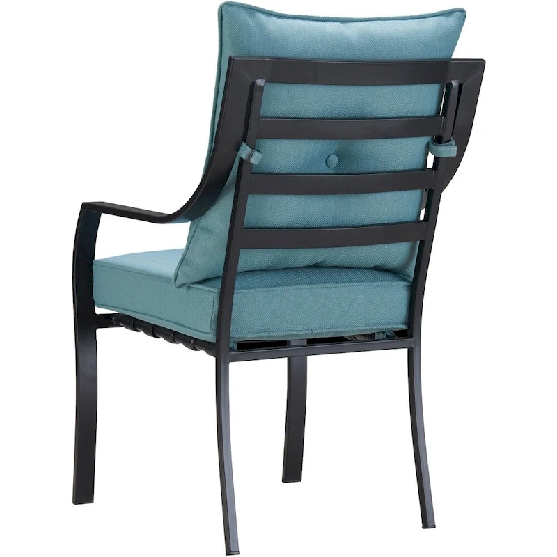 Hanover Lavallette 5-Piece Dining Set in Ocean Blue with 4 Stationary Chairs, 52-In. Round Glass-Top Table, Umbrella, and Base