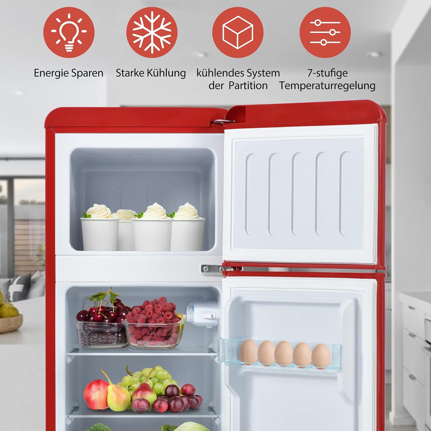 DRIXNO Retro-Kühlschrank. Kühl-Gefrier-Kombination, 105.5 cm hoch, 41 cm breit, zweitürig, mit 92 Liter Gesamtvolumen, 28 Liter Gefriervolumen. Türregale und Glasregale. 181 kWh/Jahr,