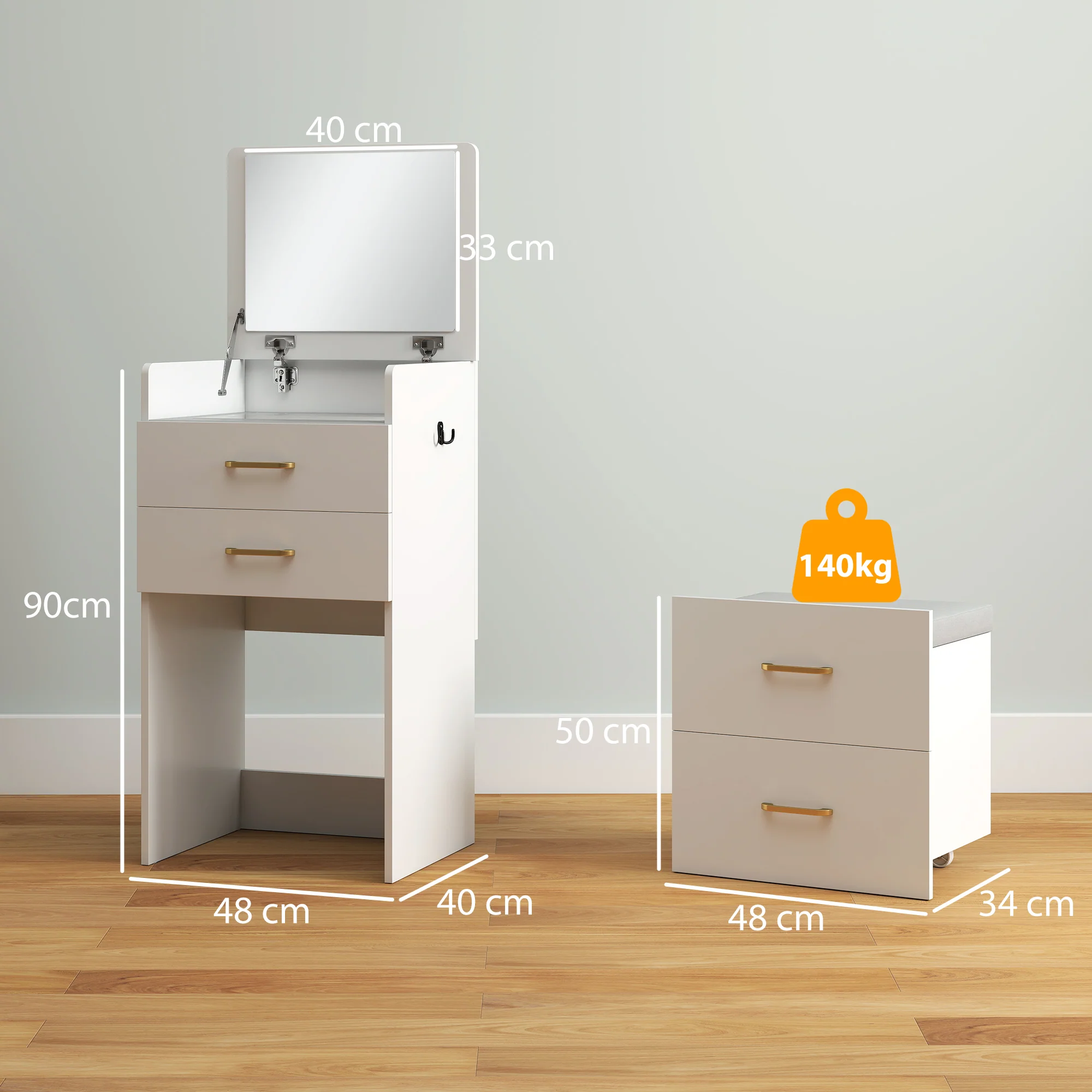 HOMCOM 3-in-1 Make-uptafel met Spiegel, Nachtkastje, Rollende Kruk, Lades, Wit