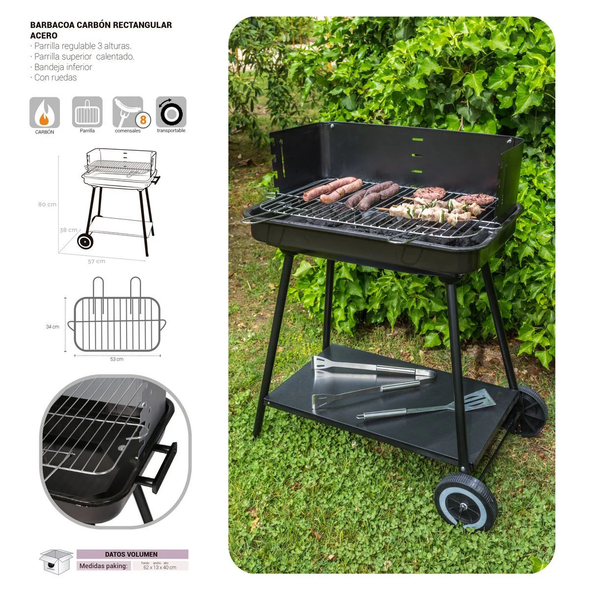Barbacoa De Carbón Lolahome Con Parrilla De Acero, 57x38x80 Cm, Negra