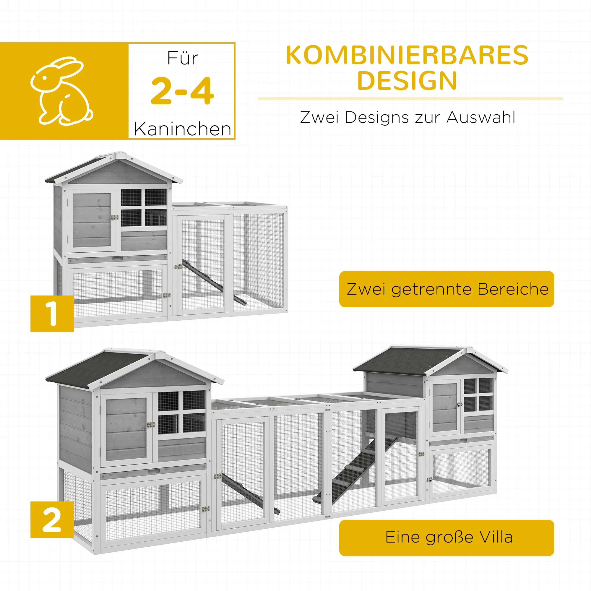PawHut Kleindierenhok, konijnenhok, buitenren, hok, oprijplank, uitschuifbare bodembakken, wit + grijs