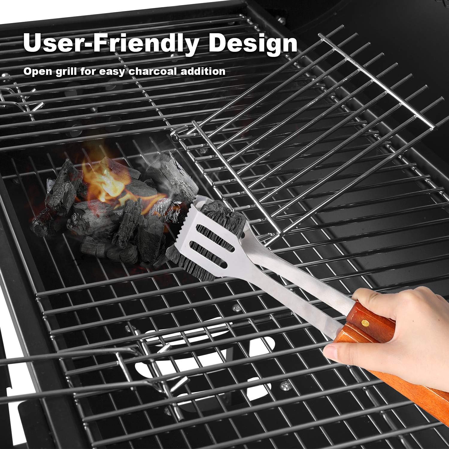 Grillvagn med kolgrill, grill, kolgrill med hjul, antracitgrill, grillugn inkl. integrerad termometer och ventilationsreglage, trädgårdsgrill, grillyta: 70 x 38,5 cm