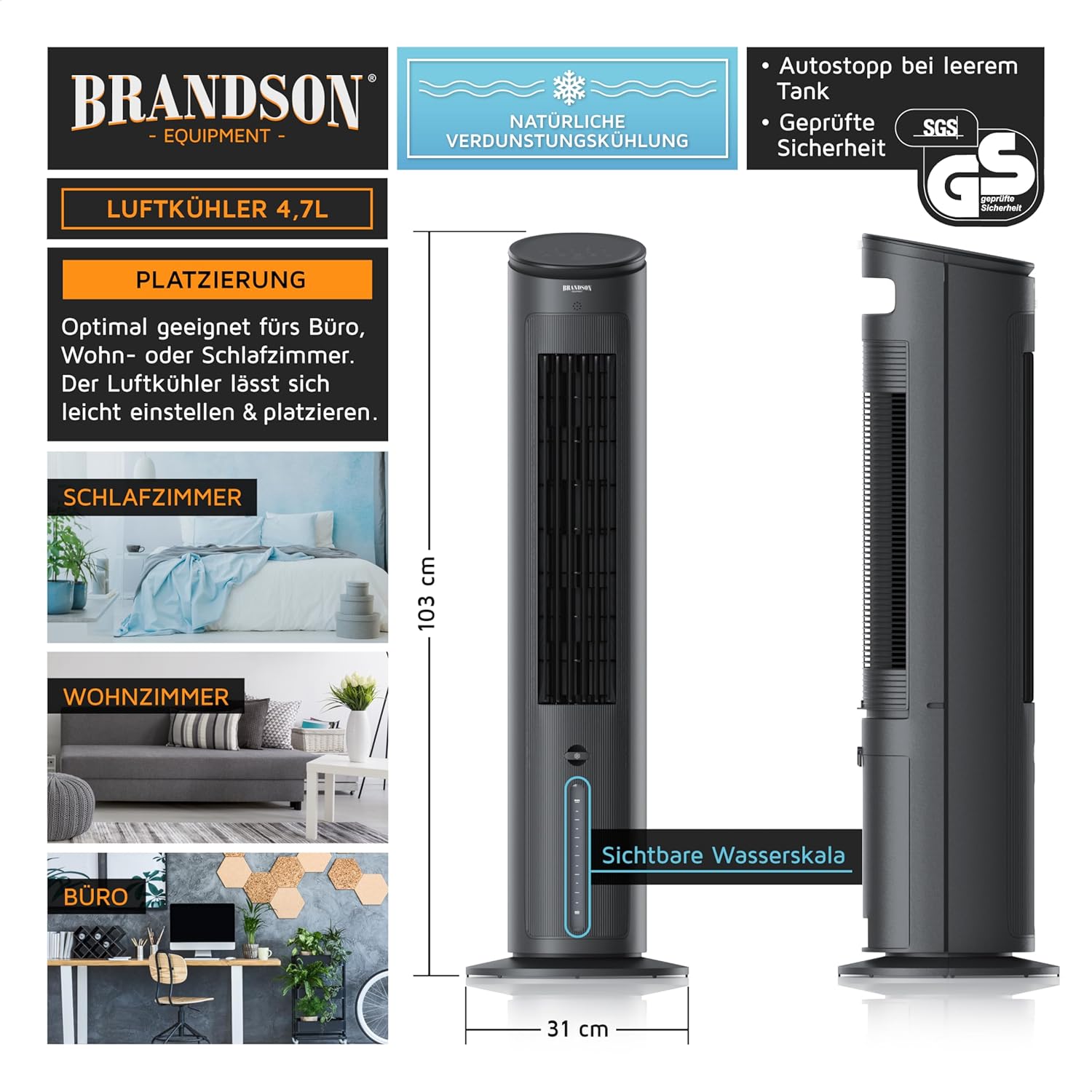 Brandson - Luftkühler mit Wasserkühlung Verdunstungskühler - Preisträger 2026 - Ventilator Turmventilator - mobile Klimaanlage ohne Abluftschlauch - 5 in 1 - leise - 4,7 L Wassertank