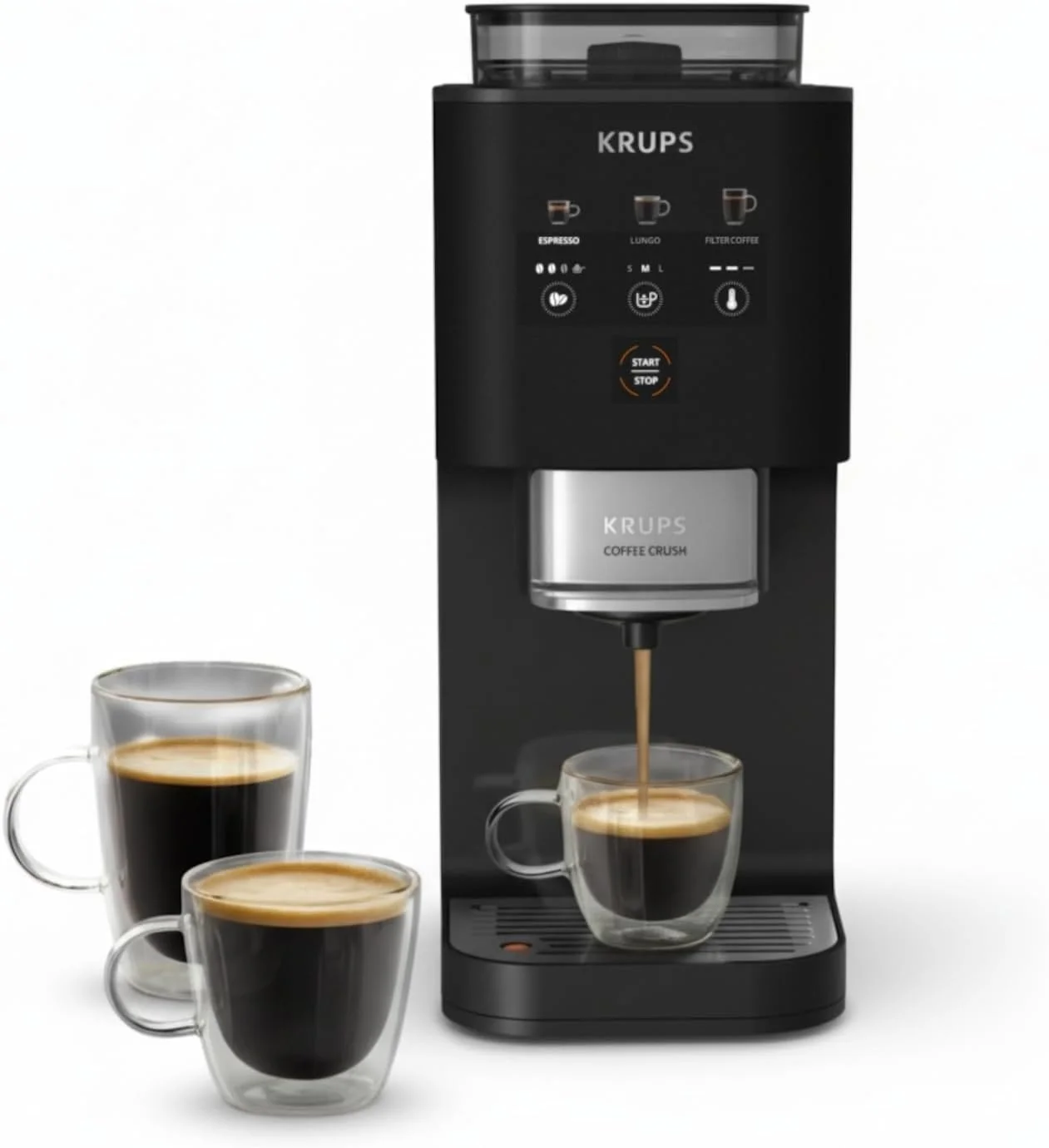 2026 Krups Coffee Crush Extra Kaffeevollautomat, Edelstahlmühle für frisch gemahlenen Kaffee, nur 15 cm breit, smartes Bedienfeld, auch für vorgemahlenen Kaffee, einfache Reinigung, Schwarz, SA4028E0
