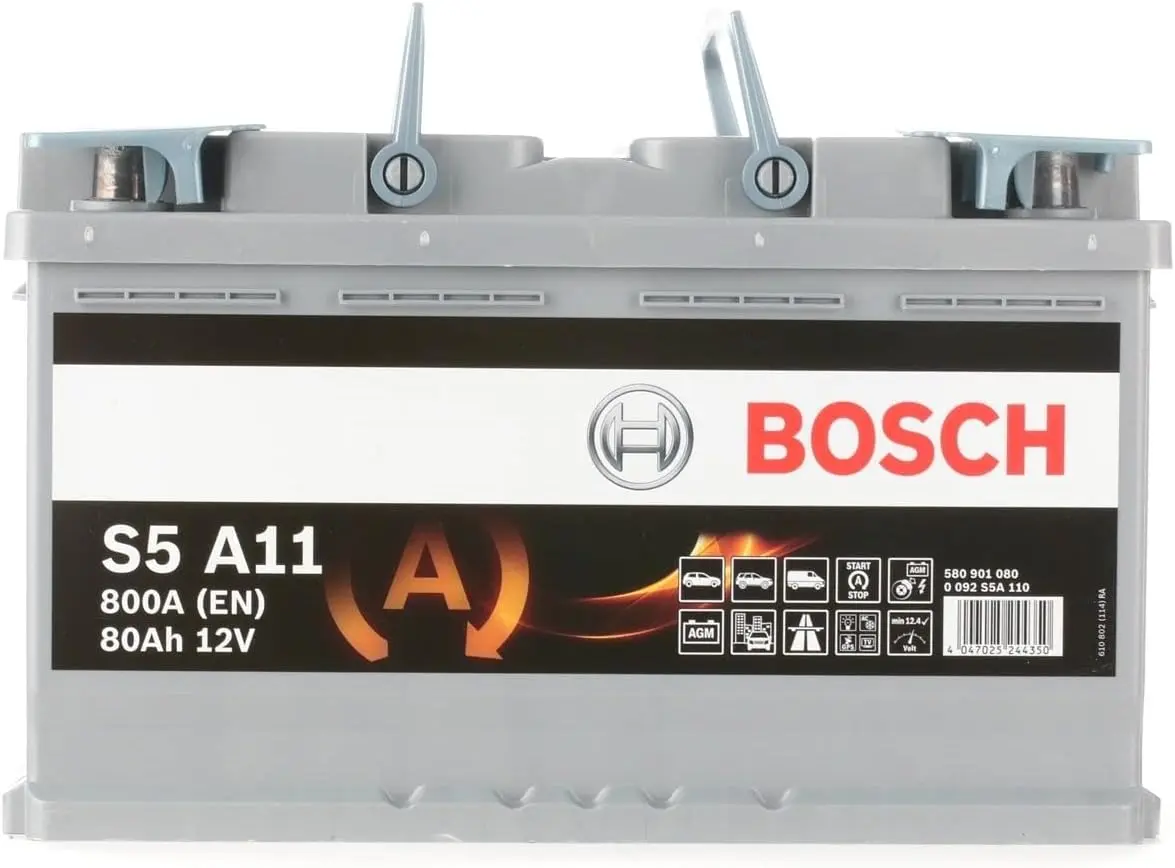 Batería de automóvil Bosch Automotive Bosch S5A11 Batería de coche 80A/h 800A tecnología AGM adaptado para vehículos con sistema Start y Stop, gris