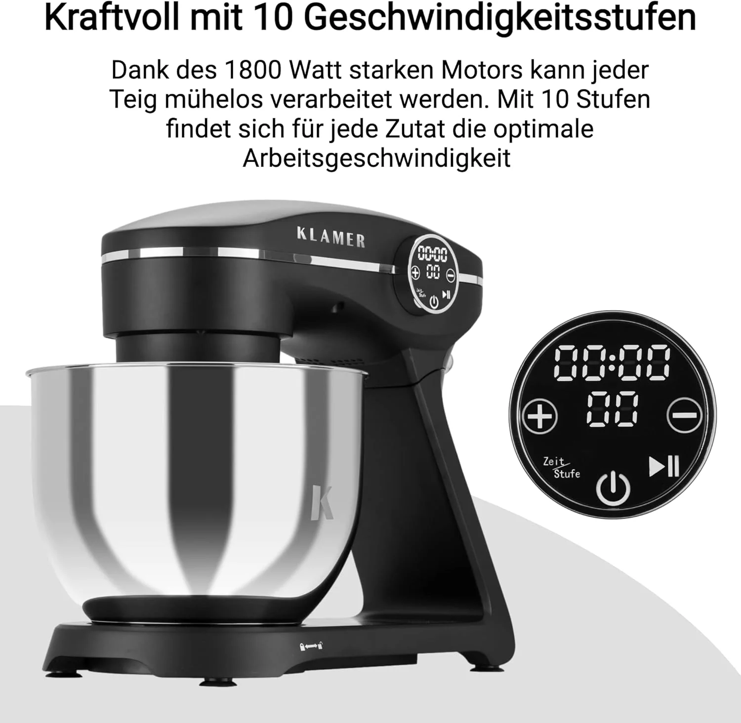 KLAMER Keukenmachine 1800W, Kneedmachine met 6 Liter RVS Kom, 10 Snelheidsstanden met Timer, Klopper, Deeghaak, Garde en Spatdeksel