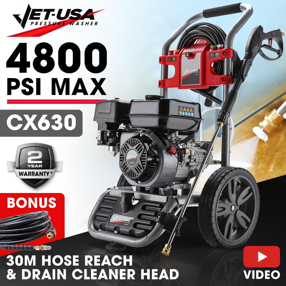 JET-USA 4800PSI Petrol Powered High Pressure Washer, w/ 30m Hose and Drain Cleaner - CX630
