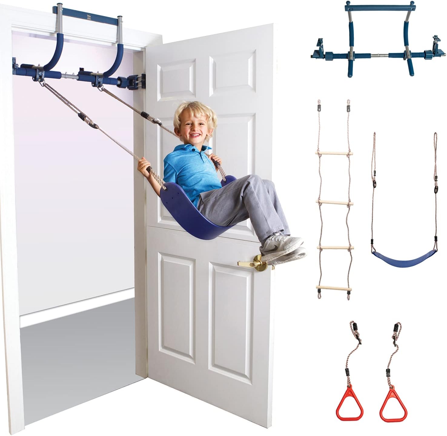 6-Piece Doorway Gym for Kids, includes Door Sensory Swing, Indoor Pull-Up Bar for Adults, Rings, Hanging Trapeze, Ladder & Knotted Rope, Holds Up to 300 Lbs