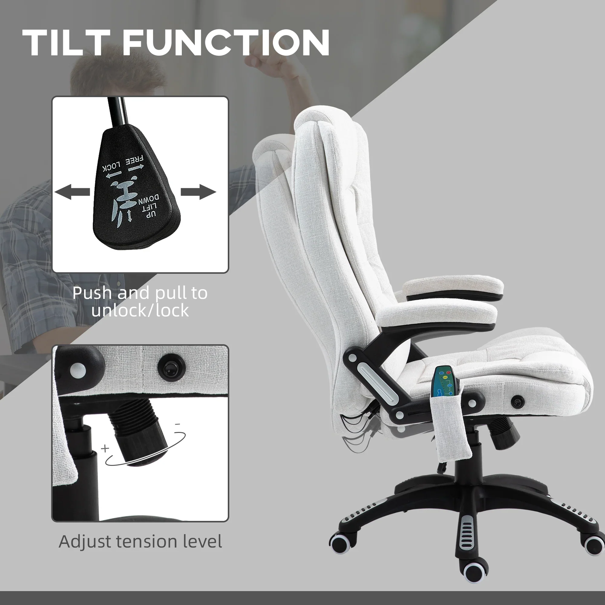 Silla de Oficina Ergonómica con Masaje de 6 Puntos y Calefacción en la Espalda, Tela Tipo Lino, Blanco Crema