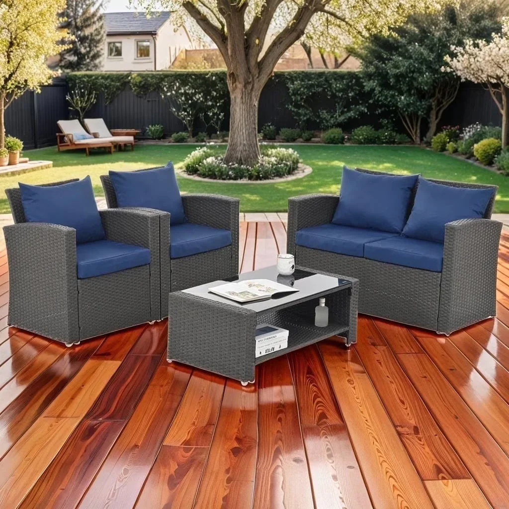 4 Pieces Patio Conversation Set, Outdoor Furniture Set with Cushion, Outside Sectional Rattan Wicker Sofa Furniture Set for Garden, Porch, Backyard, Gray