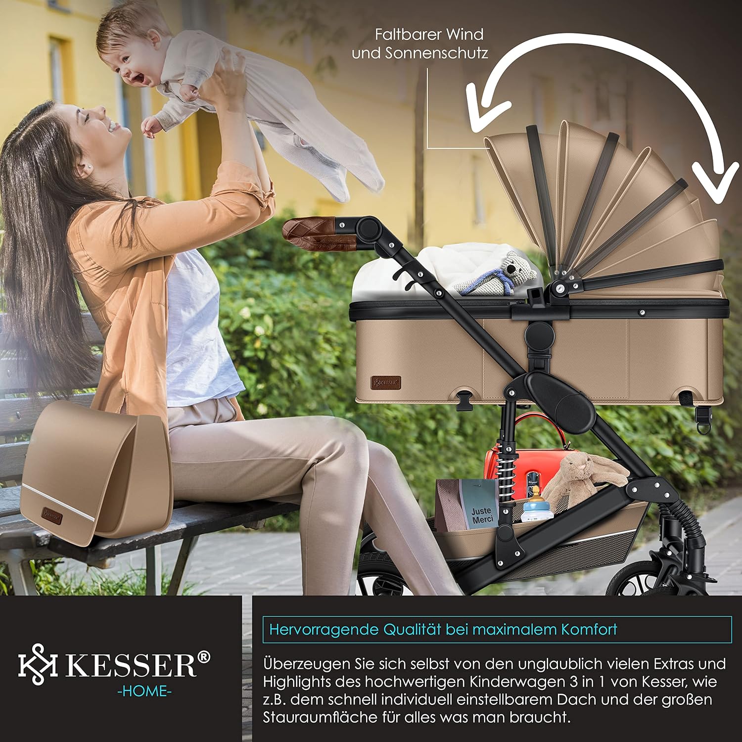 KESSER® Loops 3 in 1 Kinderwagen Kombikinderwagen Komplett-Set inkl. Babywanne & Buggy Sportsitz & Auto-Babyschale Voll-Gummireifen Wickeltasche Regenschutz Kindertisch ECE R129, Grau/Silber